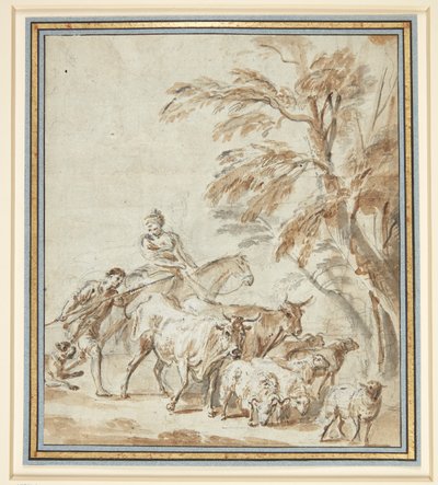 İnekleri ve koyunları olan çobanlar. Televizyon. yanında asalı bir çoban, yanında ata binen bir çoban. T.h. ağaçlar by Philippe Louis Parizeau