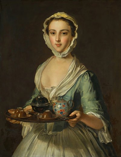 Çay tepsisi tutan genç bir kadın muhtemelen sanatçının hizmetçisi Hannah. by Philippe Mercier