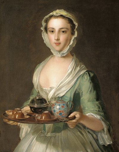 Genç bir kadının portresi, muhtemelen Hannah, sanatçının hizmetçisi, elinde çay tepsisi tutuyor. by Philippe Mercier