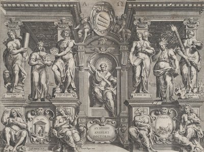 Alegorik tez baskısı, mimari bir yapıya yerleştirilmiş çeşitli figürlerle, 1608. by Philippe Thomassin