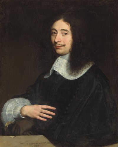 Geleneksel olarak Noël de Bullion olarak tanımlanan bir beyefendinin portresi, yarım uzunlukta, siyah, dantel yakalı ve kollu, eldivenleri sol elinde, 1656 by Philippe de Champaigne