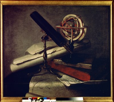 Astronomik aletler. (Astronomik aletler). Astronomik teleskop (teleskop), gök küresi ve gökyüzü haritası ile natürmort. Philippe de La Hyre (1640-1718) tarafından yapılan tablo. Fransız sanatı, barok tarzı. Tuval üzerine yağlıboya. Tsarskoye Selo Müzesi, S by Philippe de la Hire