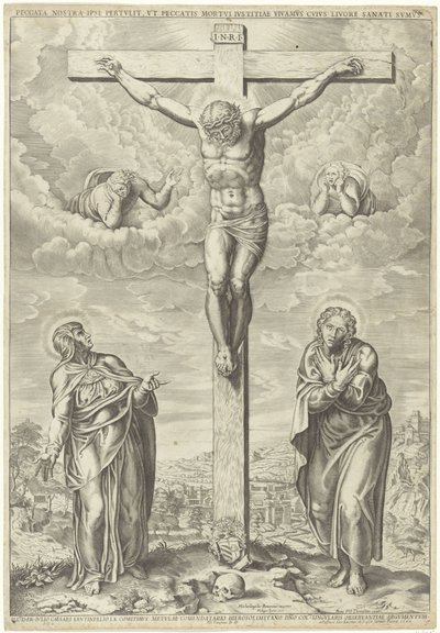 Bir manzarada Mary ve John tarafından çevrili çarmıhta İsa by Philippe de Soye