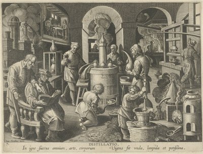 Damıtma Damıtma (nesne üzerindeki başlık) Yeni icatlar ve keşifler (dizi başlığı) Nova Reperta (dizi başlığı) by Philips Galle (attributed to workshop of)
