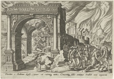 Loth ve ailesi Sodom şehrini terk eder. Yahudi Halkının Doom Günleri (dizi adı) by Philips Galle