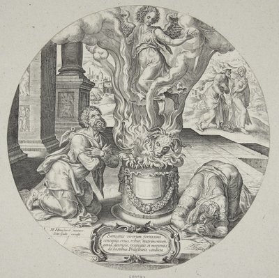 Manoah ve karısının sunağında alevler içinde yükselen melek by Philips Galle