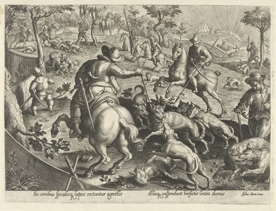 Wolvenjacht, speren ile bir araya geldi Jachttaferelen (dizi adı) Her türlü avcılık, avcılık ve balık tutmayı içerir (seri başlığı) by Philips Galle