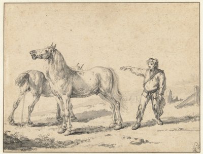 İki At, Biri İdrar Yapan, Diğeri Mızmızlanan ve Sağ Kolunu Kaldırmış Ayakta Duran Bir Adam by Philips Wouwerman