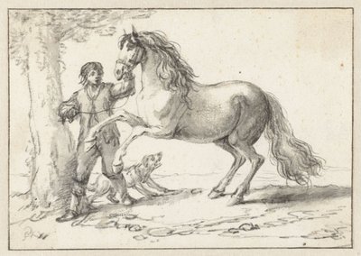 Yetiştiren Atı Dizginlerinden Tutan Genç Adam, Havlayan Bir Köpekten Korkmuş by Philips Wouwerman