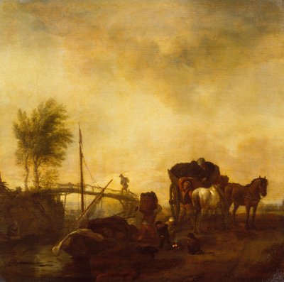 Bir Mavnadan Arabaya Torf Yükleyen İşçiler (panel üzerine yağlıboya) by Philips Wouwermans or Wouvermans