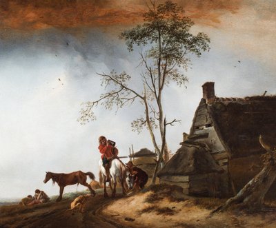 Bir köpek ve at ile bir kulübenin yakınında dinlenen gezginler by Philips Wouwermans or Wouvermans