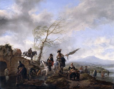 Askerlerin ve Atlarını Sulayan Standart Bir Taşıyıcının Olduğu Geniş Bir Nehir Manzarası, by Philips Wouwerman