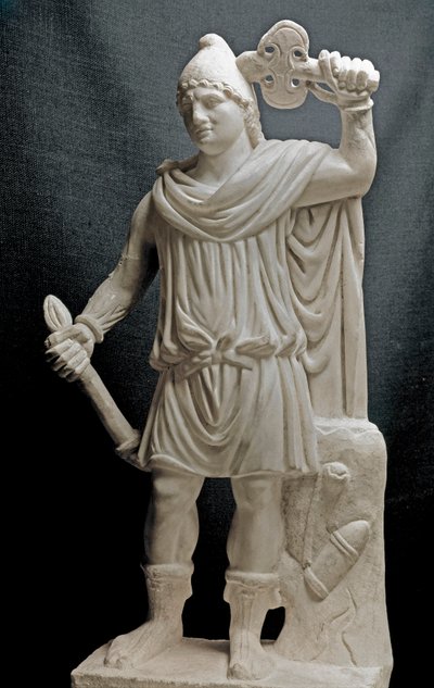 Fenike Uygarlığı: Bir meşale ve bir çift balta tutan Mitra tanrısı. MS 2. veya 3. yüzyıl. Mermer heykel. karartmak 87 cm. Paris, Louvre Müzesi by Phoenician Phoenician