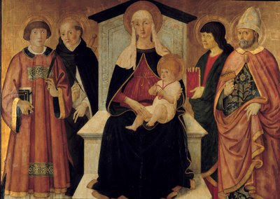 Bakire ve Çocuk Bakire, Saint Laurent deacon, Saint Peter, Saint John, Saint Blaise de Sebaste ile çevrilidir. Altarpiece, Pier Francesco Fiorentino (1475-1500 civarında aktif) 1490. Güneş. 132x143 m. Avignon, Musée du Petro Palais by Pier Francesco Fiorentino