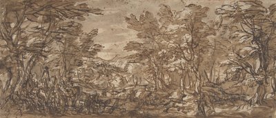 Orman Manzarası, Solda Durma, Merkezde Avlanma, 1612-66. by Pier Francesco Mola