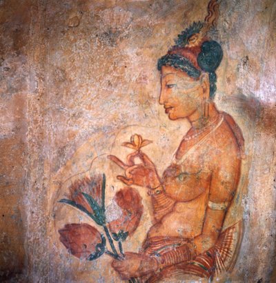 Apsaras, çiçekler sunan cennet perisi, fresk, Sigiriya