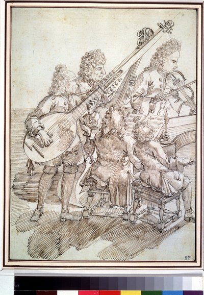 ""Konser"" Beş müzisyenin (beşli) ud, keman, piyano, çello üzerindeki konserini temsil eden karikatür. Pier Leone Ghezzi (1674-1755) tarafından kalem ve mürekkep çizimi 18. yüzyıl Puşkin Müzesi, Moskova by Pier Leone Ghezzi