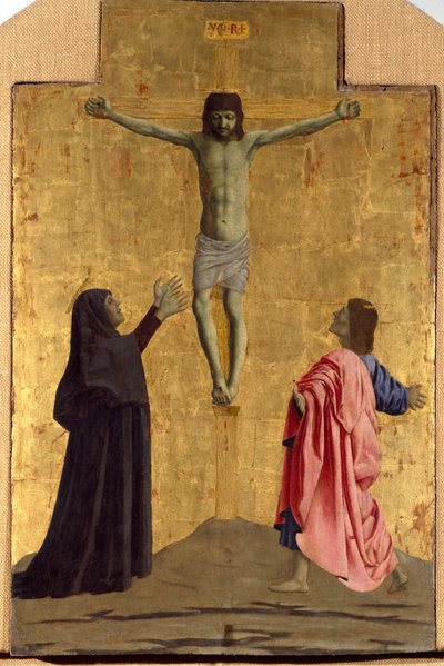Misericorde Poliptiği: Misericorde Bakiresi, etrafı azizlerle çevrilidir. Haç üzerinde “INRI” yazısı ile çarmıha gerilmeyi gösteren detay Piero della Francesca