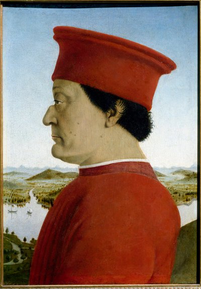 Federico de Montefeltro, Urbino Dükü ve Battista Sforza'nın portreleri. Federico da Montefeltro'yu temsil eden detay by Piero della Francesca