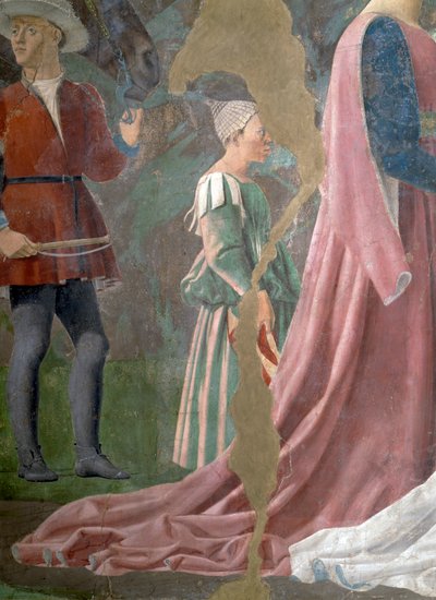 Gerçek Haç Efsanesi, Haç Ağacına Tapan Sheba Kraliçesi, bir görevli detayı, 1464 fresk tamamlandı by Piero della Francesca