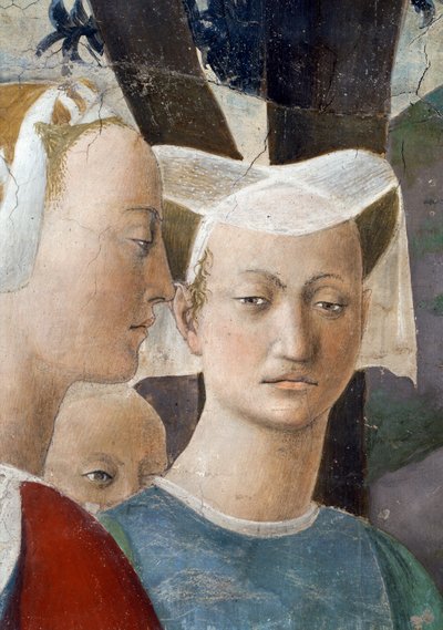Gerçek Haç Efsanesi, Haç Ağacına Tapan Sheba Kraliçesi, kraliçe ve bir hizmetçi detayı, 1464 fresk tamamlandı by Piero della Francesca