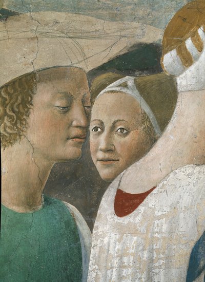 Gerçek Haç Efsanesi, Haç Ağacına Tapan Sheba Kraliçesi, iki görevli detayı, 1464 fresk tamamlandı by Piero della Francesca
