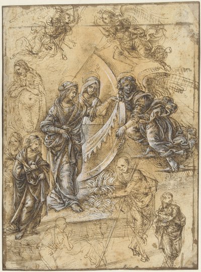 Magi hayranlığından Meryem Ana, Azizler, Melekler ve Figürler ile Çalışma Sayfası by Piero di Cosimo (attributed to)