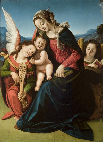 İki Melekli Bakire ve Çocuk, c.1507 (tahta üzerine yağlı boya) by Piero di Cosimo