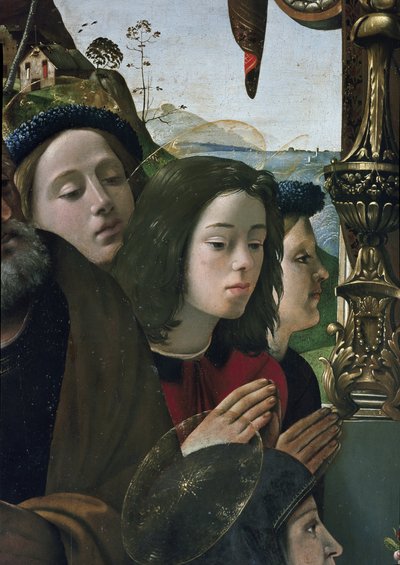 Azizlerle çevrili tahtta Bakire ve Çocuk, detay (panelde yağ ve tempera, yaklaşık 1493) by Piero di Cosimo