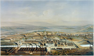Creusot ve Chateau de la Verrerie atölyelerinin görünümü, Pierre Tremaux (1818-1895) tarafından suluboya sonrası litografi by Pierre (after) Tremaux