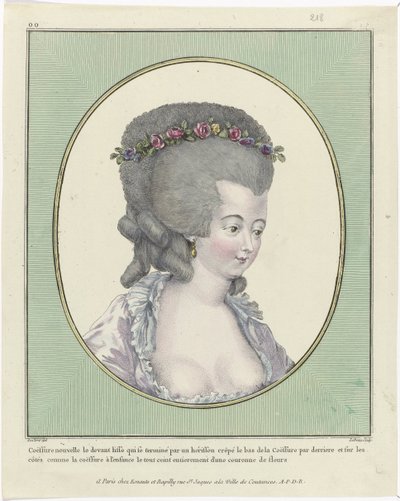 Kuaförler, Puflar, Şapkalar ve Boneler: On Bir Kuaför ve Başlıklar Gallerie des Modes et Costumes Français, 1781, oo 218: Coëffure nouvelle le front (...) by Pierre Adrien Le Beau