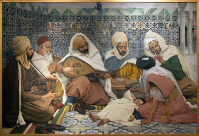 Şeytan Çıkarma: Bir çocuğun vücudundan cinleri kovalayan Arap müzisyenler. Andre Brouillet (1857-1914), Tuval Üzeri Yağlıboya Tablo by Pierre Andre Brouillet