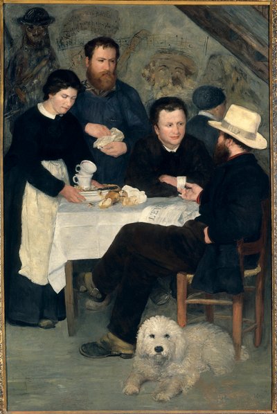 Chez la Mere Antony a Marlotte (Bourron-Marlotte (77)): Claude Monet, Alfred Sisley ve Charles Le Coeur, Mere Anthony ile masanın etrafında, Tablo Pierre Auguste Renoir (1841-1919) by Pierre Auguste Renoir