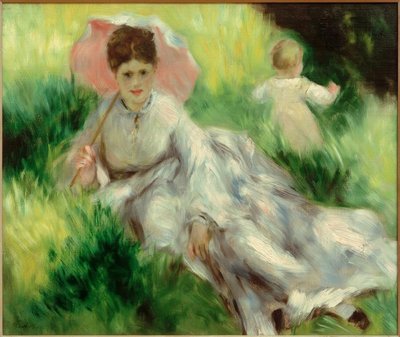 Güneşli bir yamaçta şemsiyesi ve çocuğu olan kadın by Pierre Auguste Renoir