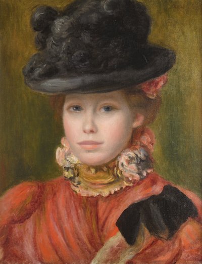 Kırmızı çiçekli siyah şapkalı kız, c. 1890 by Pierre Auguste Renoir