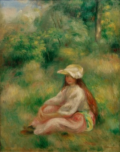Bir manzara içinde pembe kız by Pierre Auguste Renoir