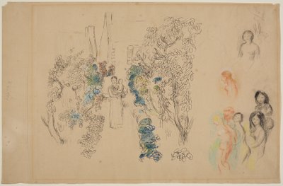 Manzara ve Figürler (kağıt üzerine kurşun kalem, mürekkep, wc ve pastel boya) by Pierre Auguste Renoir
