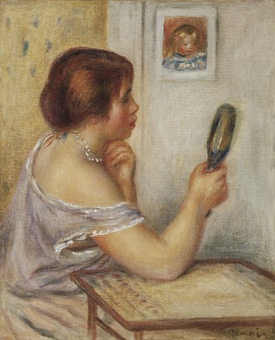 Marie Dupuis elinde Coco portresi olan bir ayna tutuyor. by Pierre Auguste Renoir