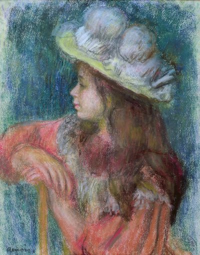 Beyaz Şapkalı Oturan Genç Kız, 1884 (kağıt üzerinde pastel) by Pierre Auguste Renoir