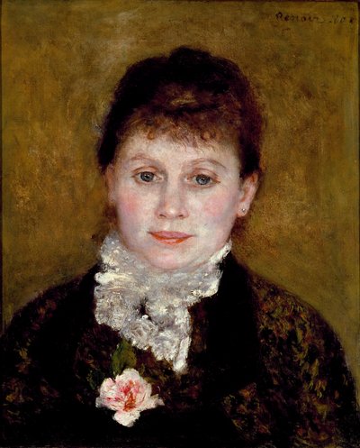 Kadının beyaz yakası var. Güllü bir kadın portresi by Pierre Auguste Renoir