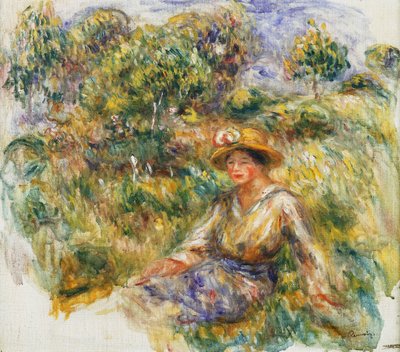 Çimlerde Oturan Mavi Şapkalı Kadın; Çimlerde Oturan Şapkalı Mavili Kadın, 1916 dolayları by Pierre Auguste Renoir