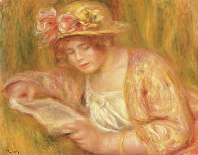 Şapkalı Kadın Okuma, c.1917-18 (tuval üzerine yağlı boya) by Pierre Auguste Renoir