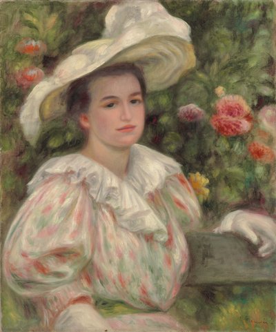 Çiçeklerin Arasında Genç Kız veya Beyaz Şapkalı Kadın; Altın Çiçekli Genç Kız Beyaz Şapkalı Kadın, 1895 dolayları by Pierre Auguste Renoir