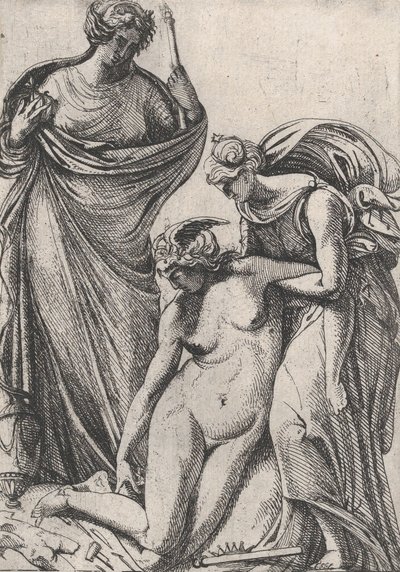 Heykelin bayılan kişileştirmesini destekleyen çalışma, yanlarında duruyor, Fran..., 1607-61. by Pierre Biard