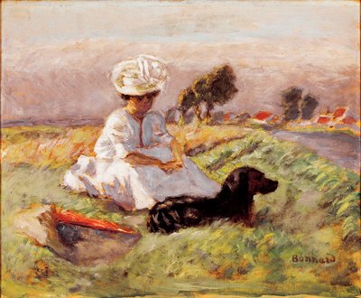 Madam Bonnard Ressamın karısı köpeğiyle çatışmada oturuyor. Tablo Pierre Bonnard tarafından by Pierre Bonnard