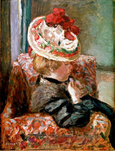 Hasır şapkalı kadın çiçek kanepede oturuyor. Pierre Bonnard tarafından boyama by Pierre Bonnard