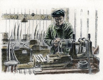 Fil savunması üzerinde çalışan atölyesinde iş yerinde fil dişi oyan bir Fildişi işçisi (Fil dişi oyan fildişi işçi) Pierre Calmette'in "" Excursion a travers les metiers" gravürü Koleksiyon hakkı by Pierre Calmettes