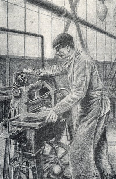 Bir silah fabrikasında tüfek dipçiklerinin kesilmesi Pierre Calmette Özel Koleksiyonundan gravür by Pierre Calmettes