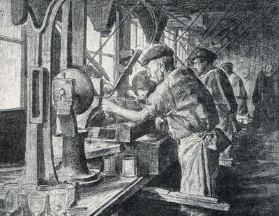 Paris yakınlarındaki Sevres'teki kristal cam imalathanesinde kesim atölyesi Pierre Calmette Özel Koleksiyonu "Excursion a travers les metiers"den gravür by Pierre Calmettes