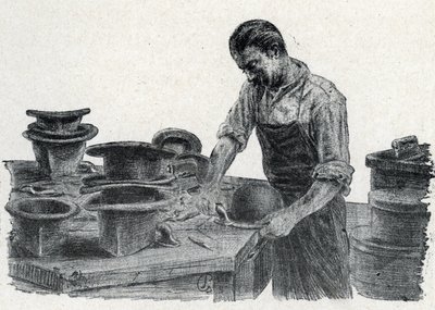 Şapkacı: melon şapkanın kenarlarının kenetlenmesi (Melon şapka yapmak) Pierre Calmette Özel Koleksiyonu "Excursion a travers les metiers"den alınan gravür by Pierre Calmettes